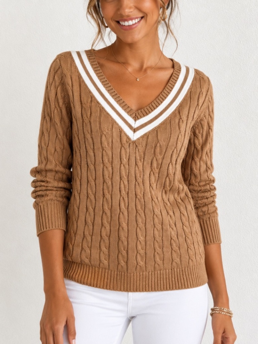 Lands End Varsity Preppy Collegiate Cable Knit Sweater Camel tan khaki SZ Large